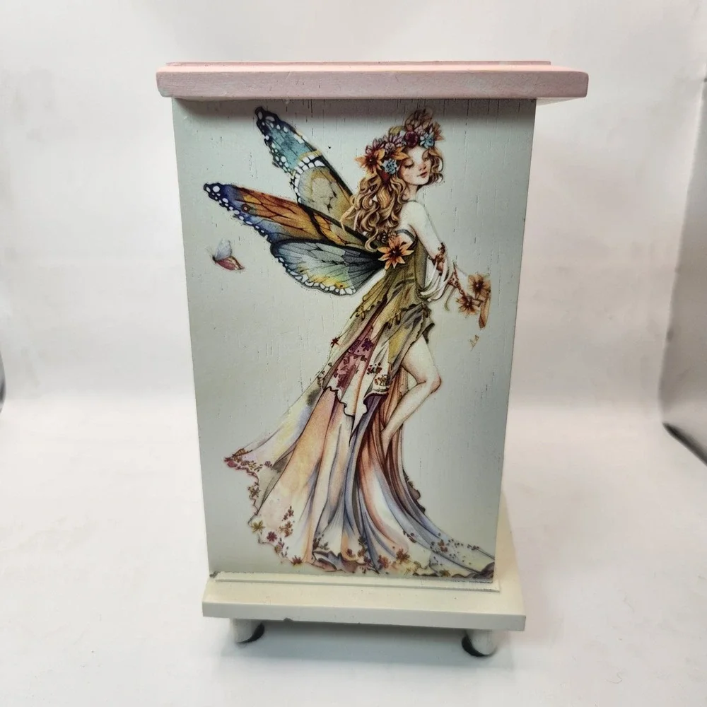 Vintage Fairy Jewelry Music Box 3 Drawer Chest and Matching 12in Vanity Tray Set